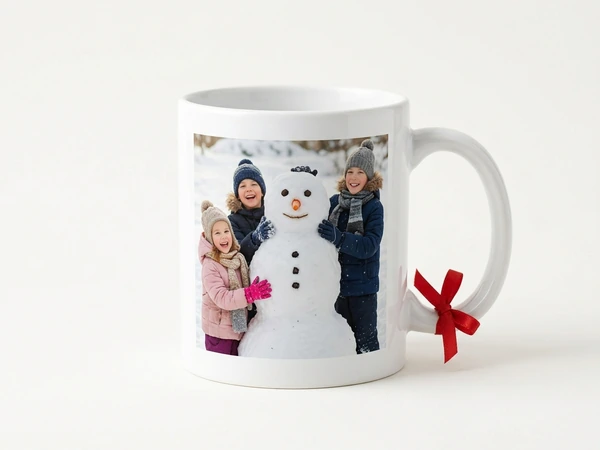White mug with a red bow printed with three children and a snowman