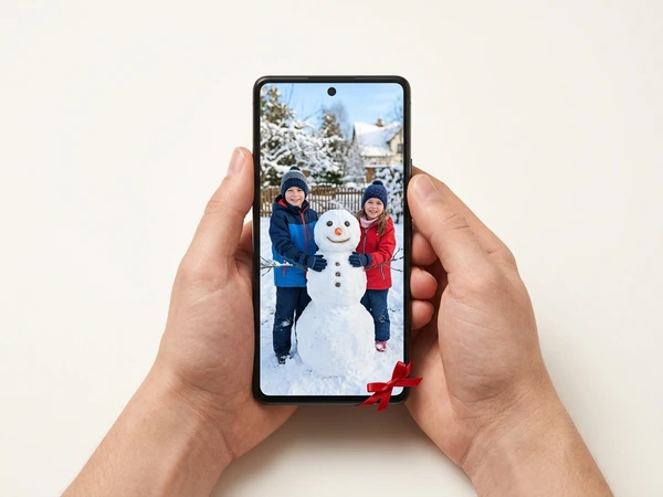 Hands holding a phone showing a photo of two children with a snowman