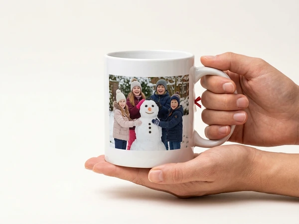 Hands holding a finished photo mug of four children around a snowman