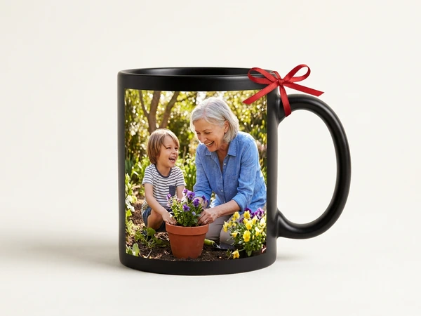 Black magic mug with a red bow of a grandmother and grandson potting a plant