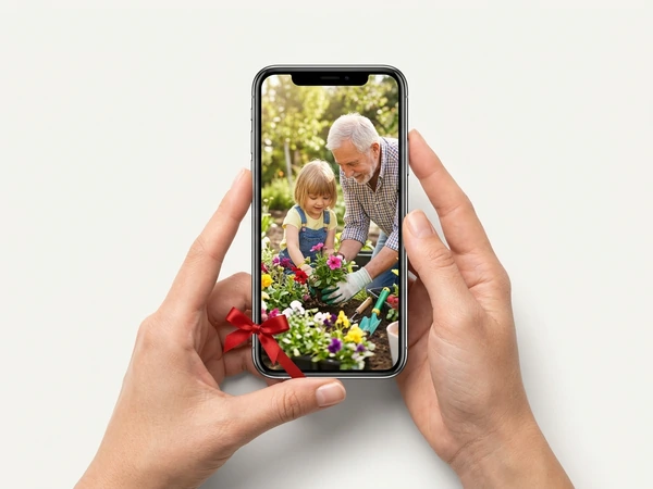 Hands holding a phone with a photo of a grandfather and child gardening