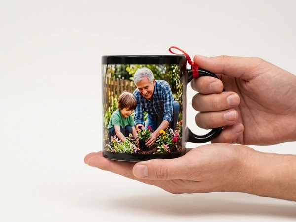 Hand holding a black mug of a grandfather and grandson planting flowers