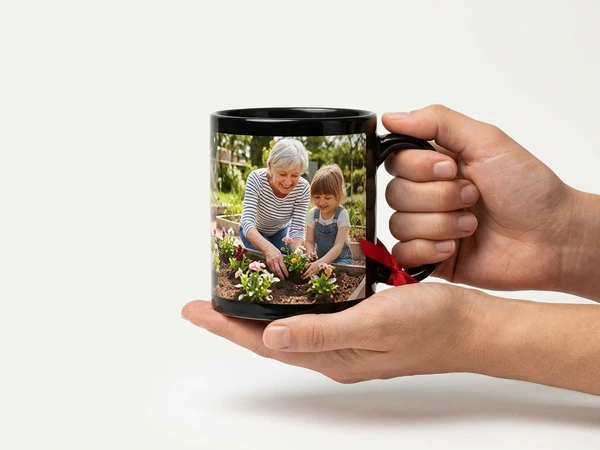 Hands holding a finished black mug of a grandmother and girl in the garden