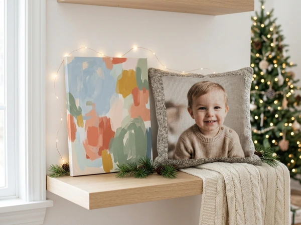 Colored-in canvas and a photo pillow of a child