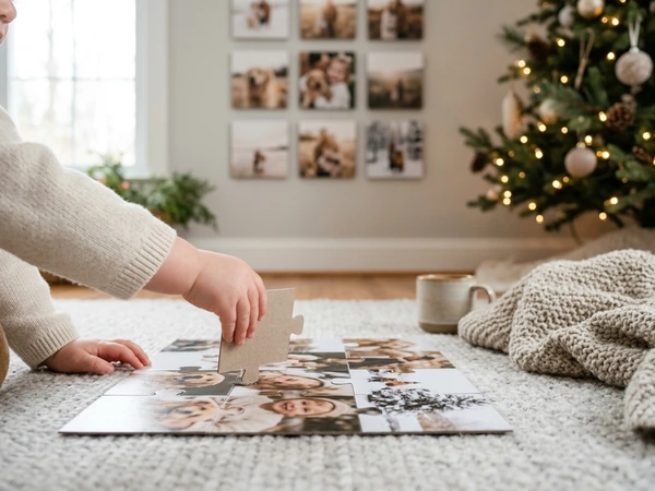 Child assembling a photo puzzle on a rug