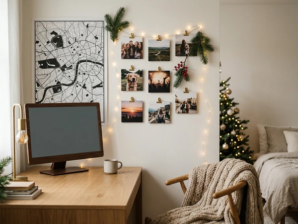 Teenager's desk with a city map poster and photo tiles