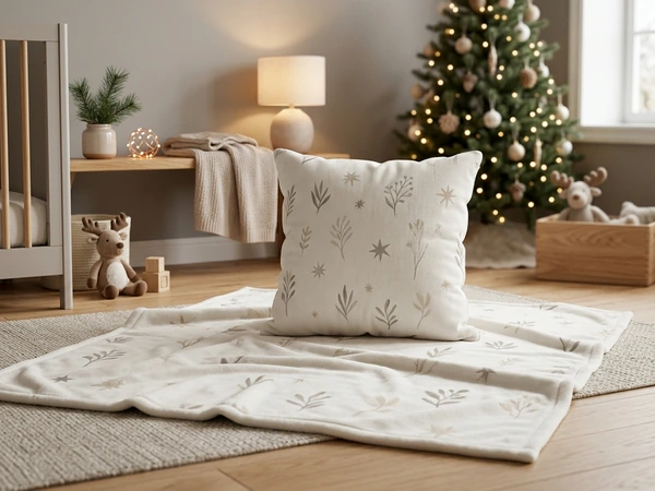 Soft blanket and pillow in a nursery at Christmas