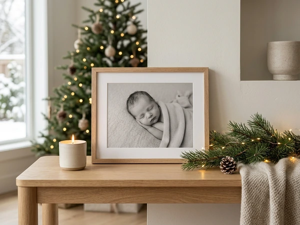 Framed black and white photo of a newborn on a side table