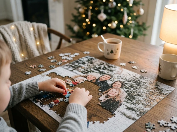 Child assembling a photo puzzle on a table at Christmas