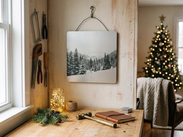 Metal photo print hanging on a workshop wall