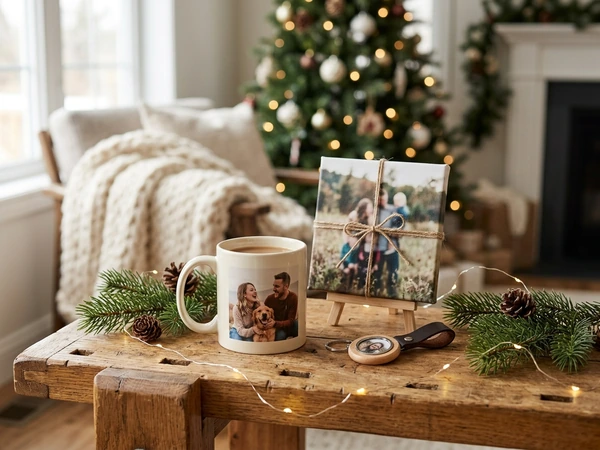 Photo mug and small photo gifts on a workbench