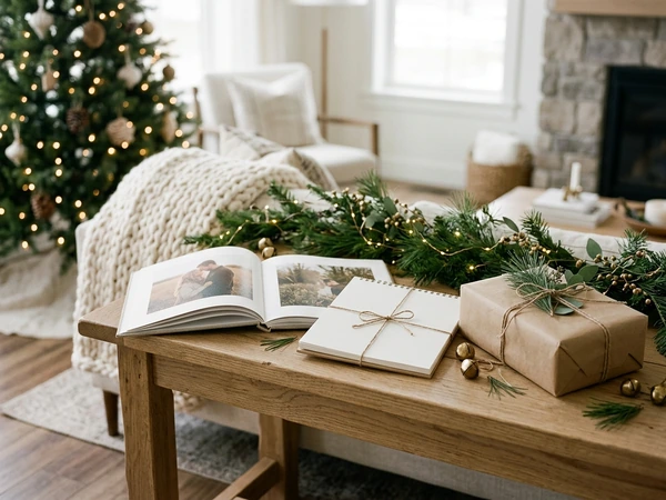 Photo book and wrapped gift on a table at Christmas
