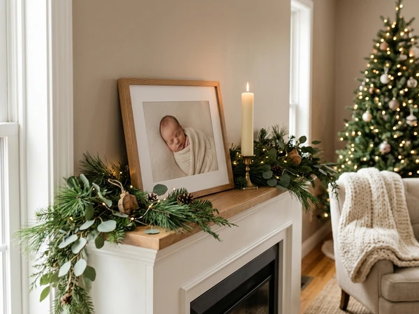Framed photo of a newborn on a mantel at Christmas