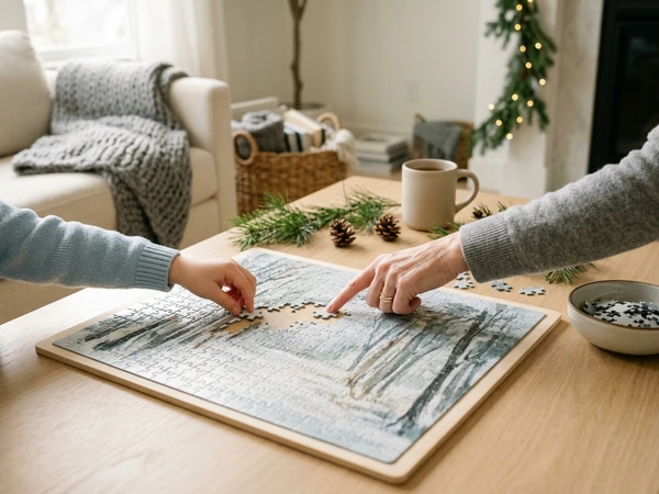 Grandparent and grandchild assembling a photo puzzle