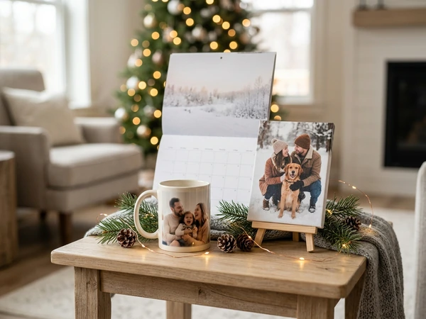 Photo mug and small photo gifts on a table at Christmas