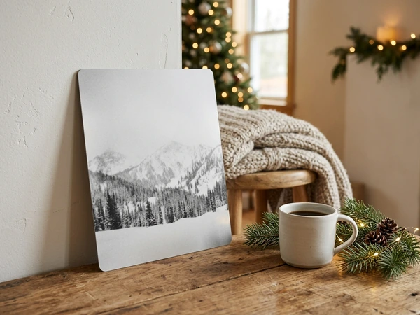 Metal photo print of a snowy mountain leaning on a table