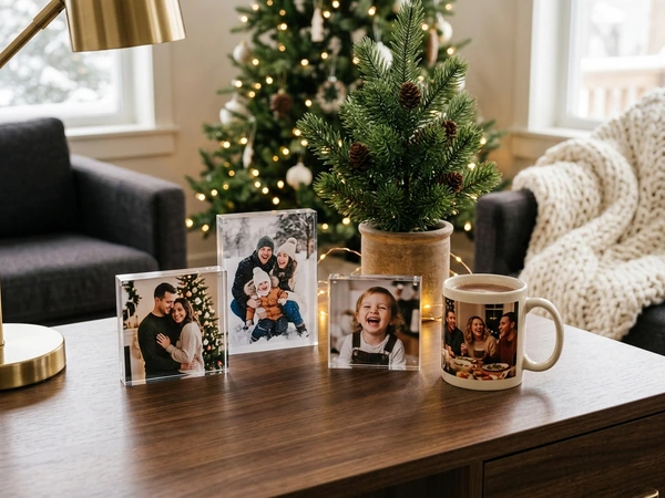 MixBlox acrylic photo blocks and a photo mug on a desk