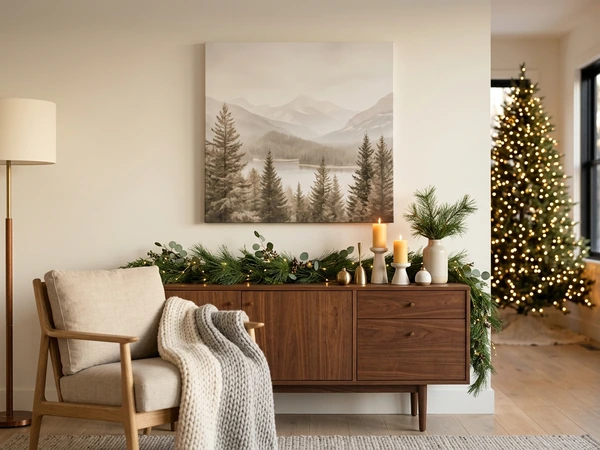 Large canvas print of a mountain landscape above a sideboard