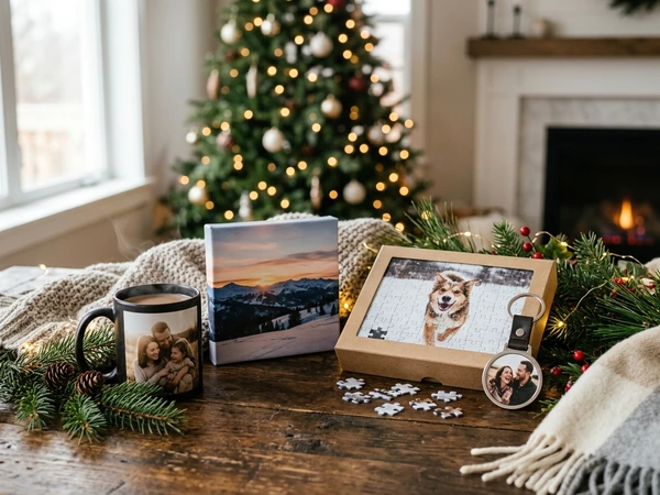Photo mug, puzzle and small photo gifts on a table