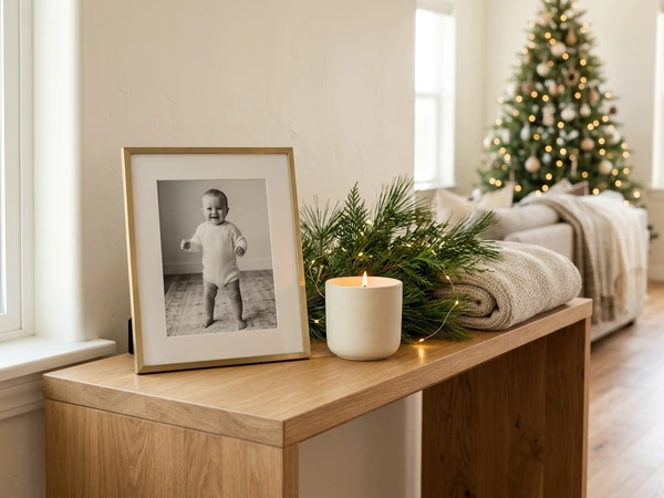 Framed photo of a new baby on a side table beside a Christmas tree