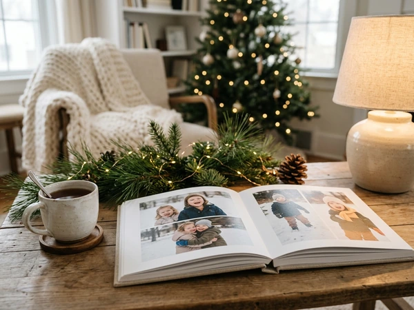 Photo book of grandchildren open on a coffee table at Christmas