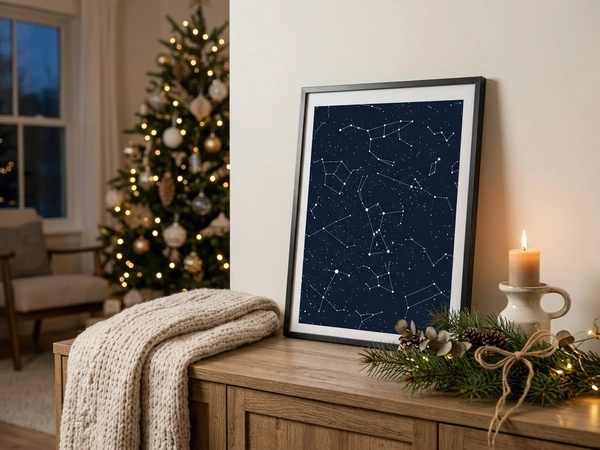 Framed star map print beside a Christmas tree
