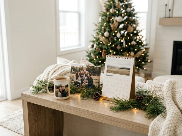 Photo mug and small photo gifts on a table at Christmas