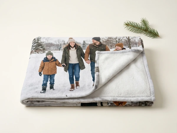 Folded photo blanket printed with a family in the snow