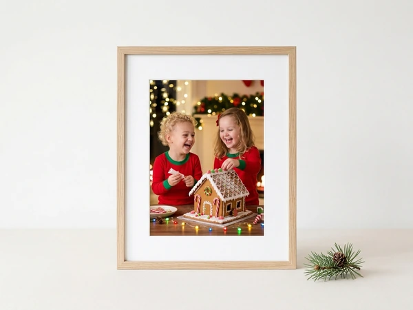 Oak framed picture of two laughing girls decorating a gingerbread house