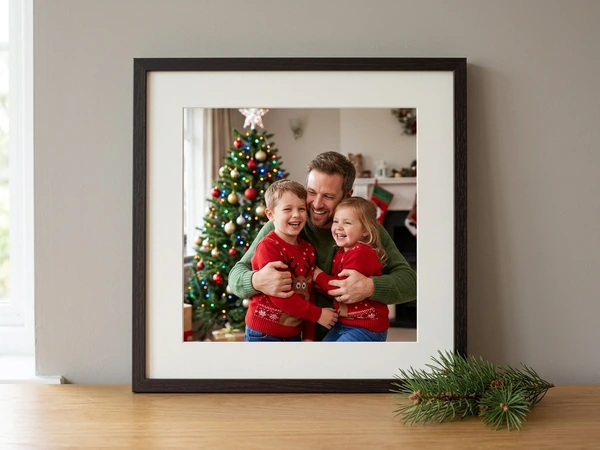 Dark wood framed picture of a man hugging a boy and a girl in red sweaters by a Christmas tree
