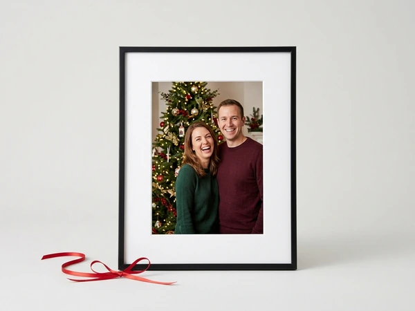 Black framed picture of a laughing woman and man in front of a Christmas tree