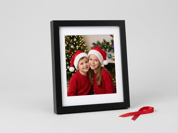 Black framed picture of a boy and a girl in Santa hats cheek to cheek by a Christmas tree