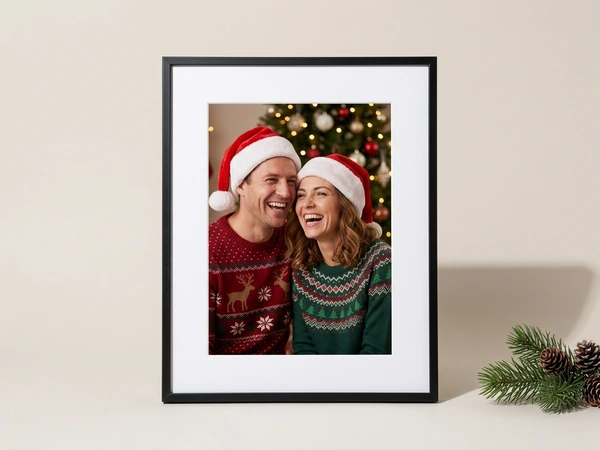 Black framed picture of a laughing man and woman in Santa hats and holiday sweaters