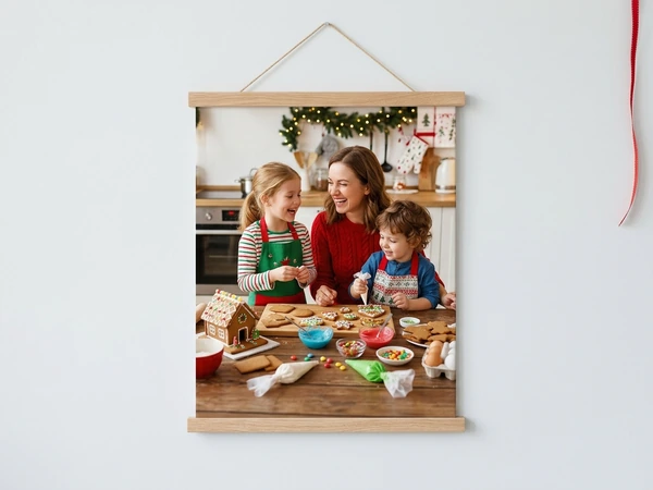Wood canvas wall hanging of a woman and two children decorating gingerbread cookies in a kitchen