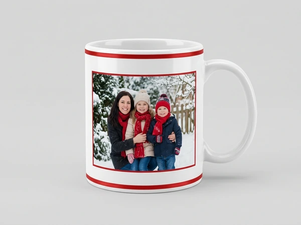 White photo mug of a woman and two children in red scarves and hats in the snow