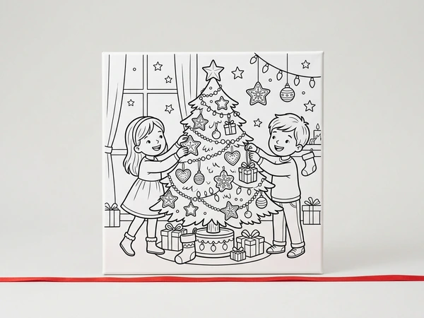 Coloring canvas with a line drawing of a girl and a boy decorating a Christmas tree