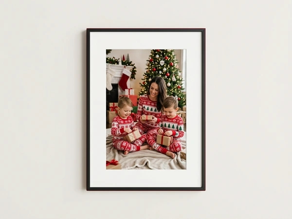 Black framed poster of a woman and two children in matching pajamas opening gifts by the tree