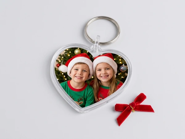 Heart keychain of a boy and a girl in Santa hats in front of a Christmas tree
