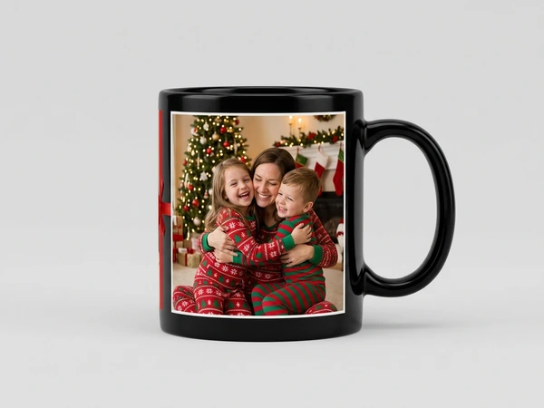 Black magic mug of a woman hugging two children in Christmas pajamas by the tree