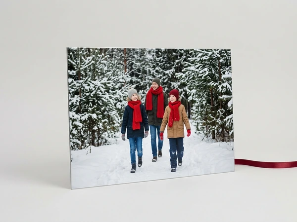 Metal print of a man and two children in red scarves walking a snowy forest path