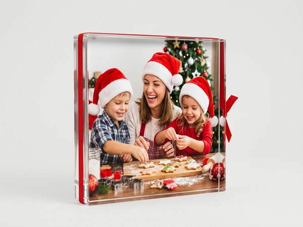 Acrylic MixBlox of a woman and two children in Santa hats decorating cookies by the tree