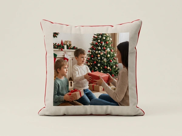 Plush pillow with red piping of a woman handing gifts to two boys by a Christmas tree
