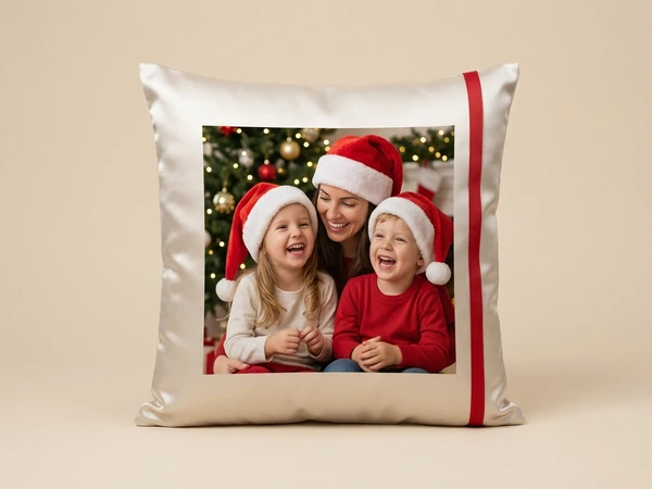 Satin pillow of a woman, a girl and a boy in Santa hats laughing by a Christmas tree