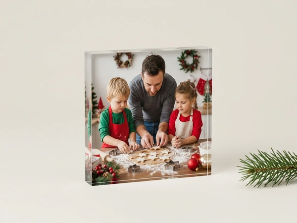 Acrylic print of a man and two children in aprons cutting star cookies from dough
