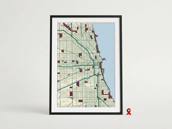 Black framed city map poster of a lakefront street grid in green, cream and burgundy