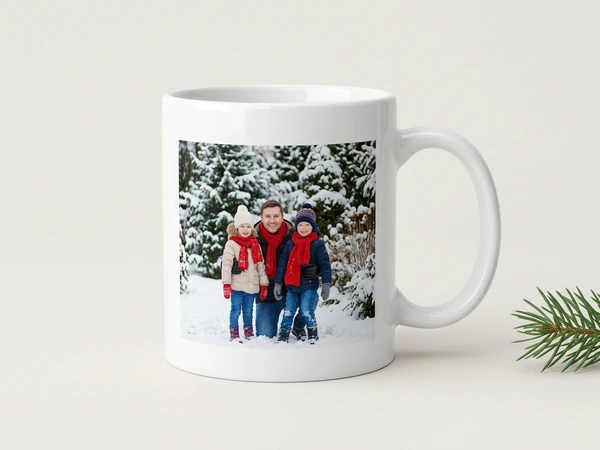 White photo mug of a man and two children in red scarves among snowy pine trees