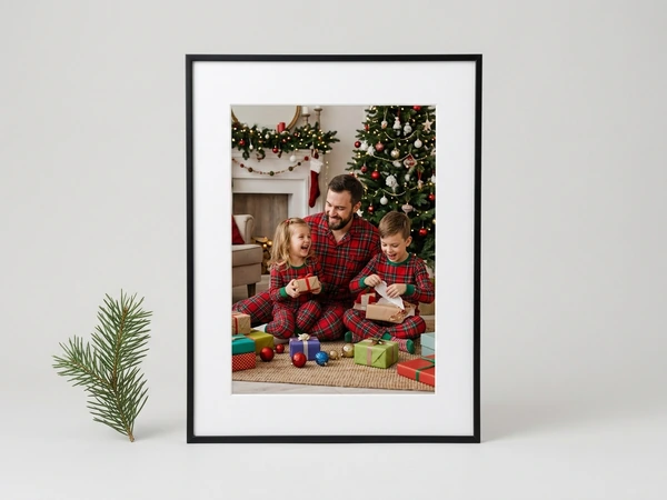 Black framed poster with a white mat of a man and two children in plaid pajamas opening gifts