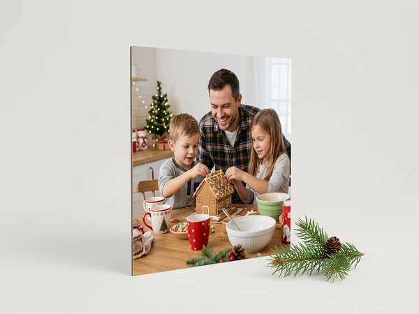 Photo board of a man and two children decorating a gingerbread house at a kitchen table