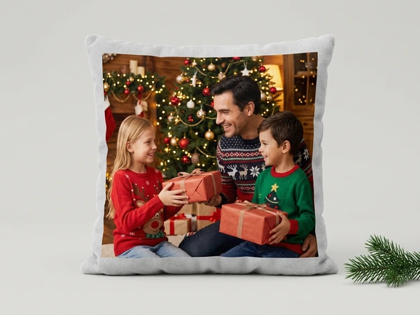 Plush pillow of a man handing wrapped gifts to a girl and a boy in front of a Christmas tree