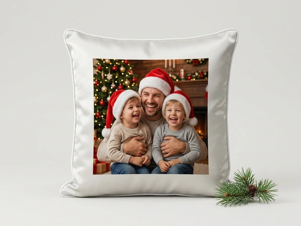 White satin pillow of a laughing man hugging two children, all three in Santa hats